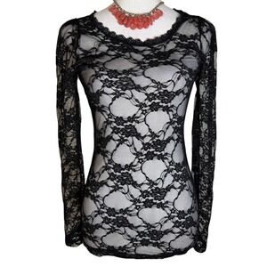 Sheer Black Lace Floral Embroider Top M Goth Dark Fairy Grunge